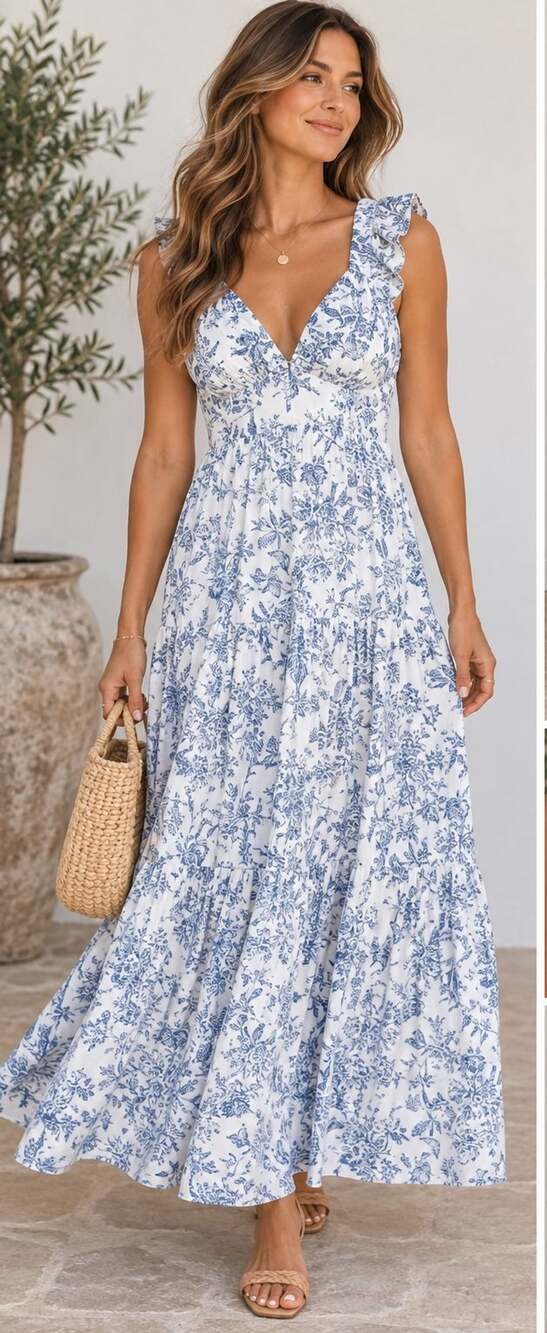 Hunter & Brown Blue White Toile Floral Ruffle Maxi Dress Size M